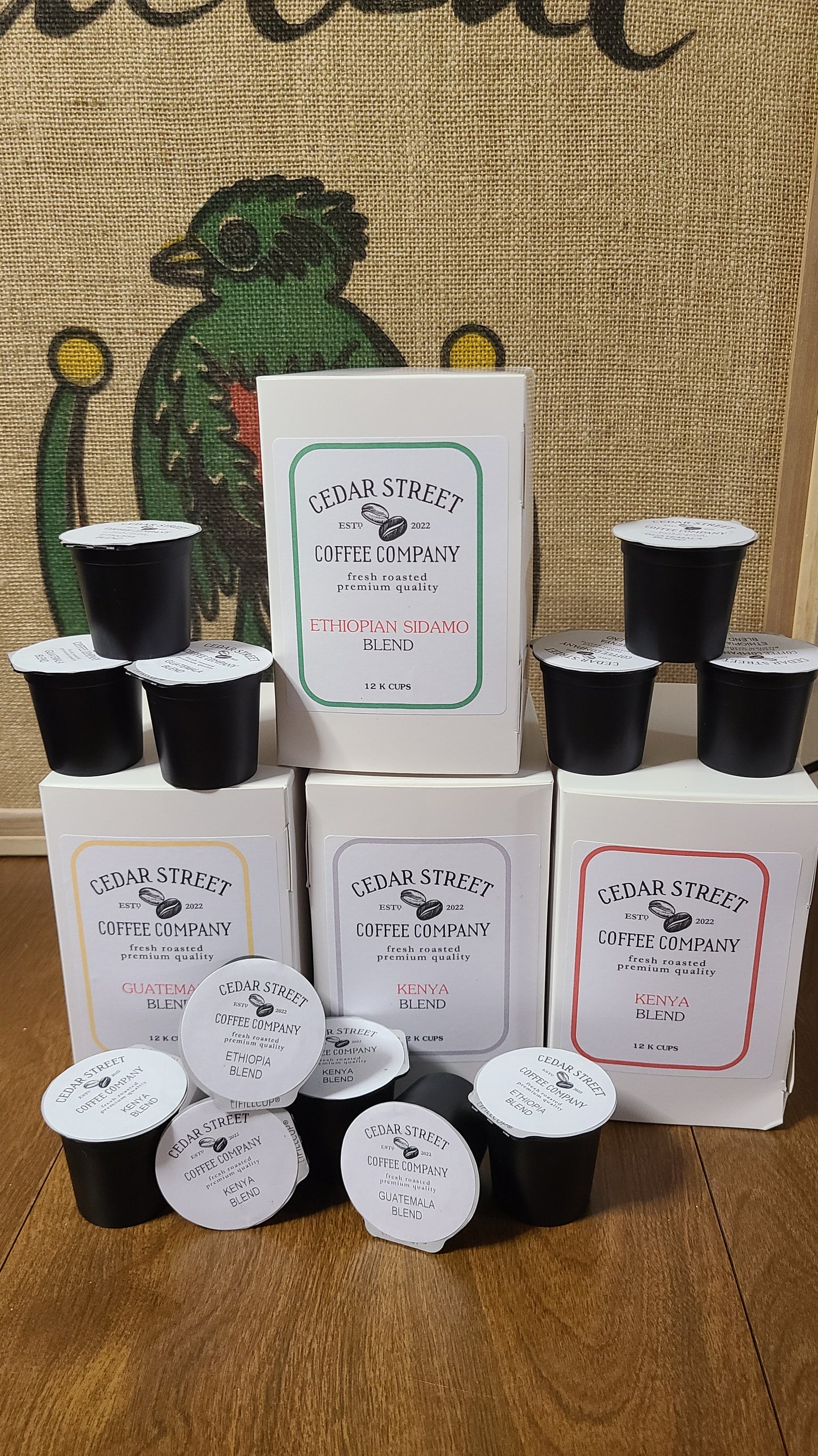 18 Kcups filled with fresh roasted Cedar Street Coffee